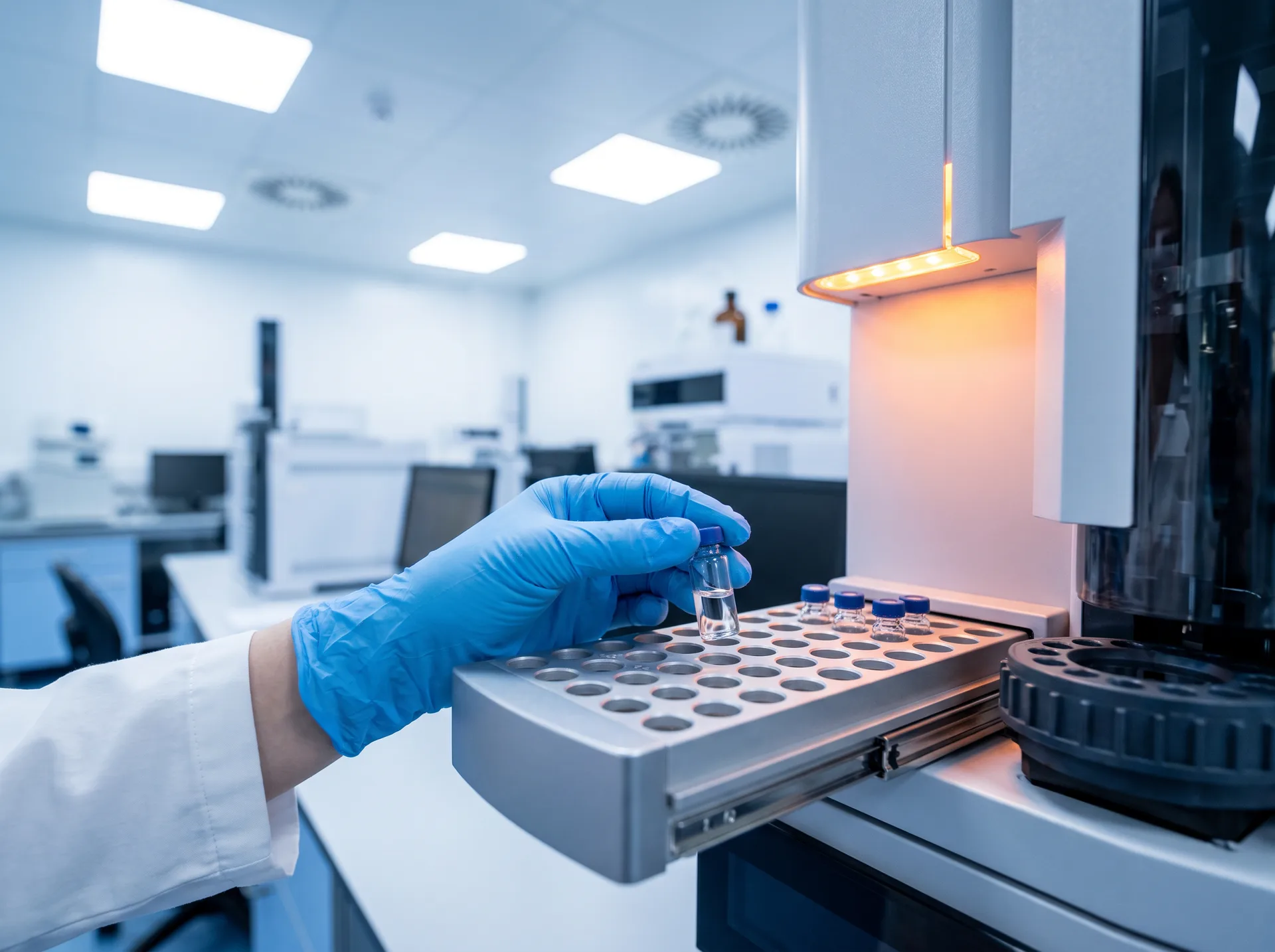 A gloved hand loading a sample vial into a laboratory analyser