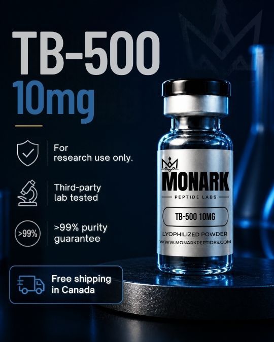 Monark TB-500 10mg vial with notes: for research use only, third-party lab tested, over 99% purity guarantee, free shipping in Canada