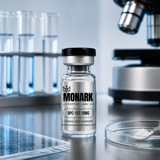 Monark BPC-157 10mg vial on a lab bench beside test tubes, a microscope and a dish of white powder