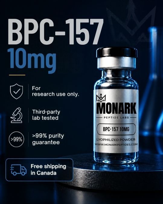Monark BPC-157 10mg vial with notes: for research use only, third-party lab tested, over 99% purity guarantee, free shipping in Canada