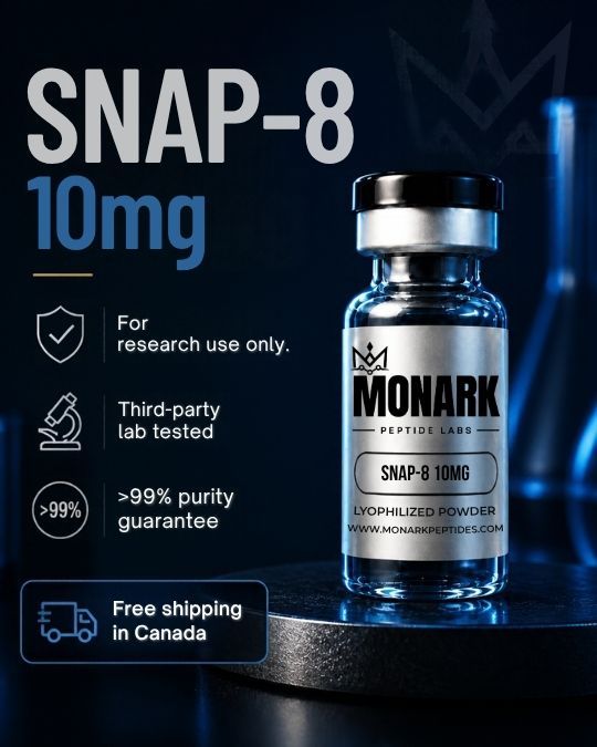 Monark SNAP-8 10mg vial with notes: for research use only, third-party lab tested, over 99% purity guarantee, free shipping in Canada