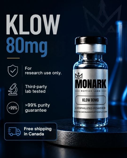 Monark KLOW 80mg vial with notes: for research use only, third-party lab tested, over 99% purity guarantee, free shipping in Canada