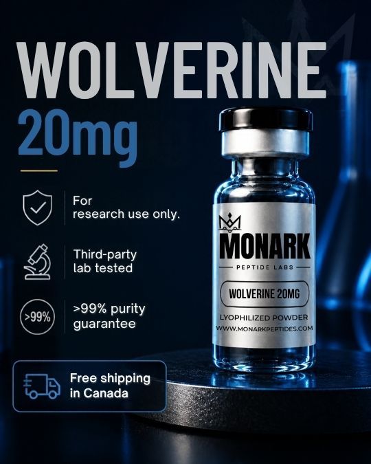 Monark Wolverine 20mg vial with notes: for research use only, third-party lab tested, over 99% purity guarantee, free shipping in Canada