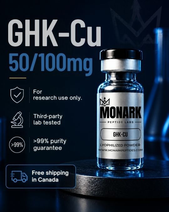 Monark GHK-Cu 50/100mg vial with notes: for research use only, third-party lab tested, over 99% purity guarantee, free shipping in Canada